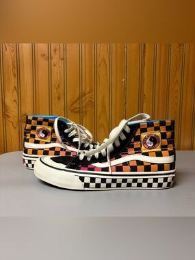 Vans Checkerboard High-Top Sneakers — Black, Orange, Pink, White